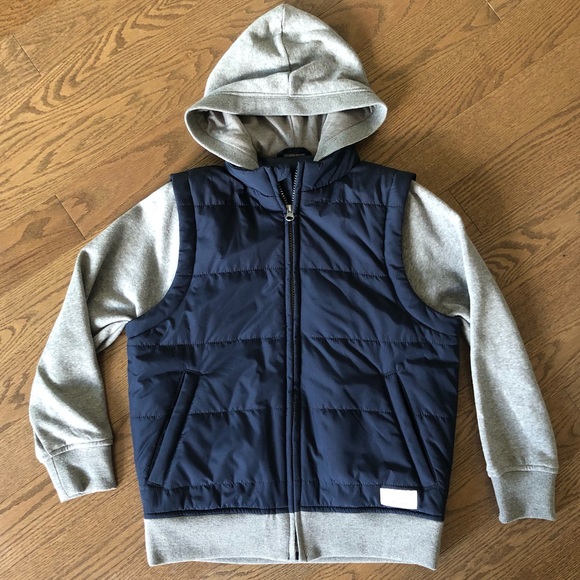 GAP Boys Jacket Puffer Vest Hoodie - 2 in 1 Fooler Zip Up Coat - Navy & Grey - Picture 1 of 7